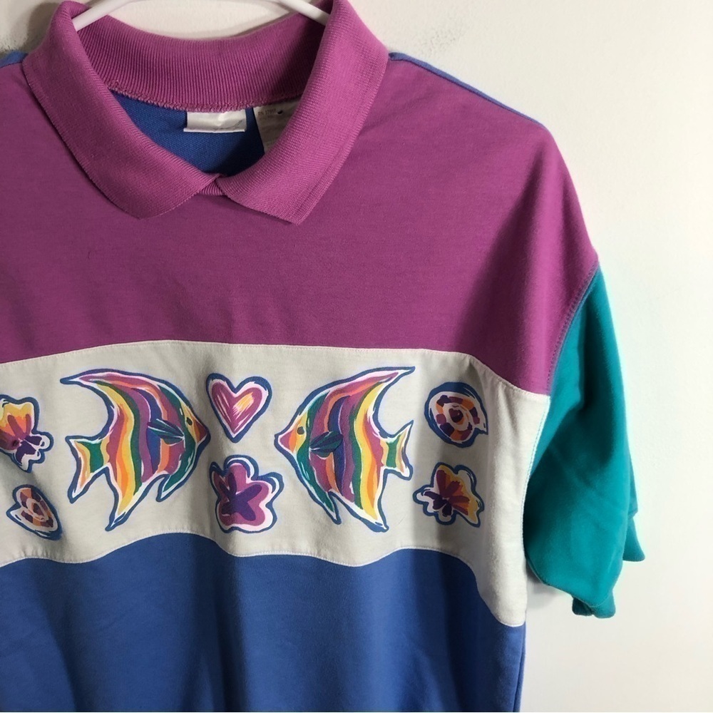 Vintage Tropical Fish Collared Shirt Medium Jantzen 80s 90s Retro Blue Purple - Picture 2 of 7
